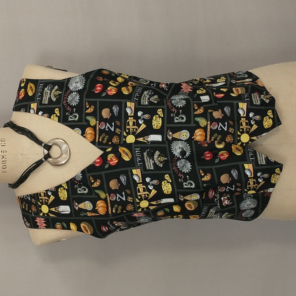 Vintage Nicole Miller Silk Vest A-Z Food Nutrition Fun Graphic Print Colorful